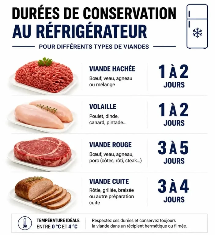 Infographie des durées de conservation de la viande décongelée au réfrigérateur