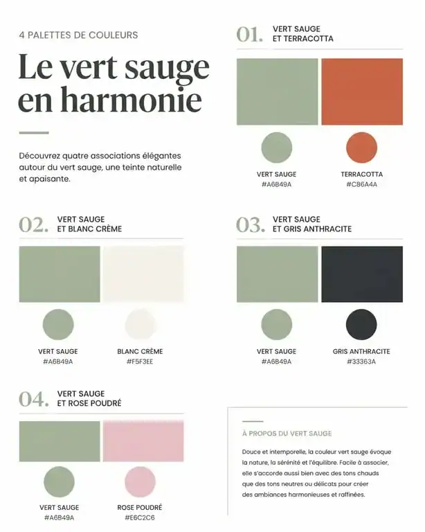 Palette de couleurs pour décoration murale vert sauge : associations avec terracotta, blanc, gris et rose