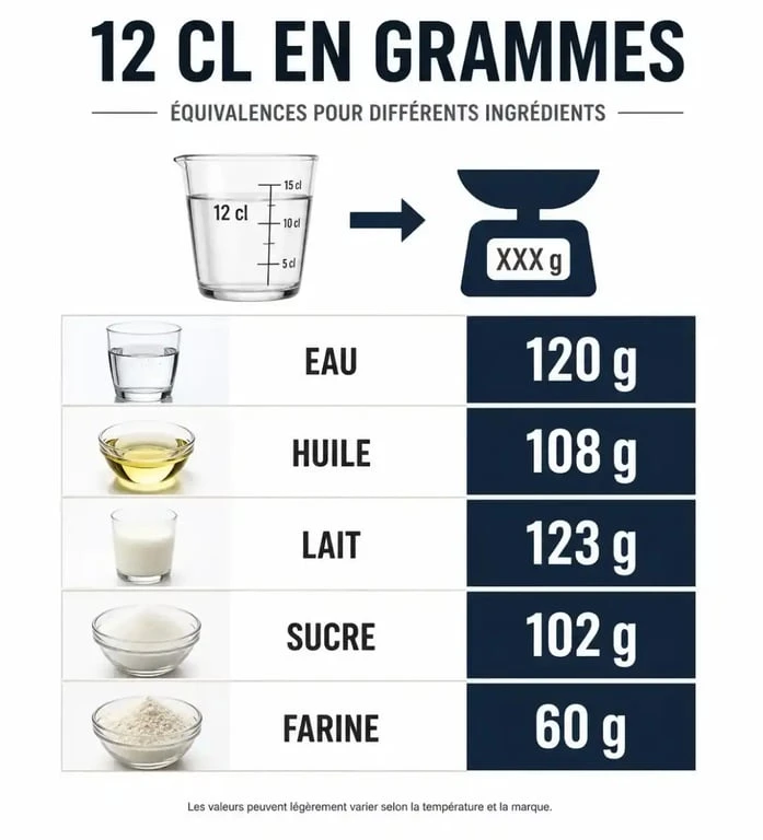 Infographie comparative de la conversion de 12 cl en grammes selon l'ingrédient