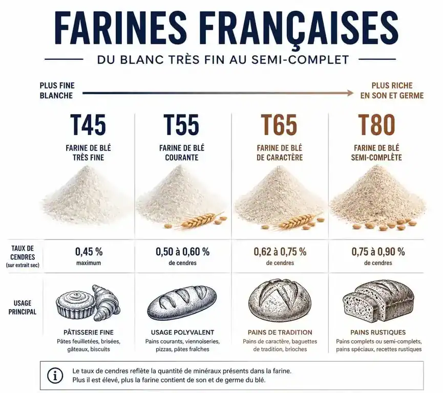 Infographie comparative des types de farine T45, T55, T65 et T80 pour comprendre quelle farine utiliser en cuisine