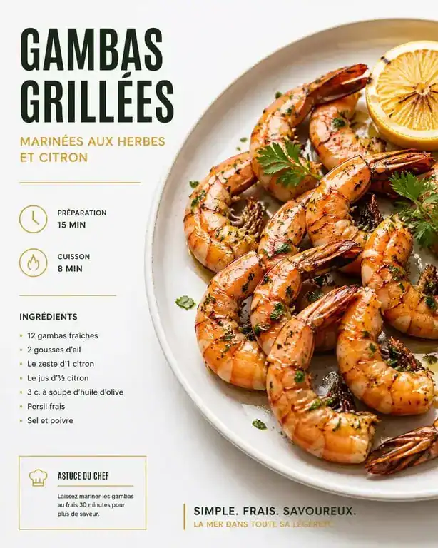 Assiette de gambas marinées prêtes à être dégustées