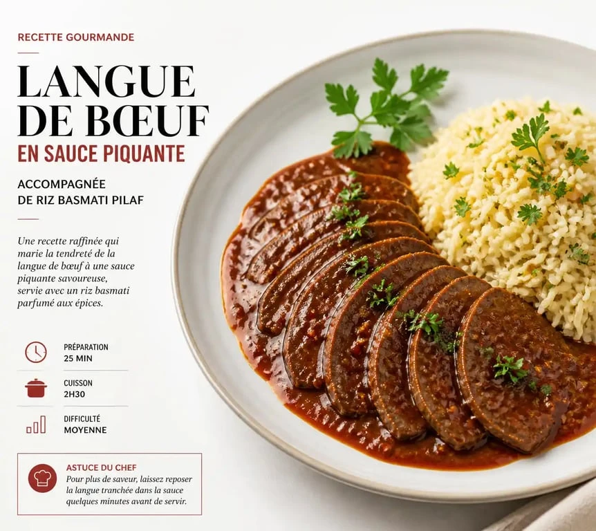 Assiette de langue de bœuf en sauce piquante avec son accompagnement de riz basmati