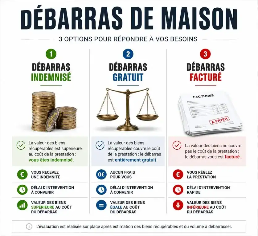Infographie comparative des trois options de débarras maison : indemnisé, gratuit ou facturé