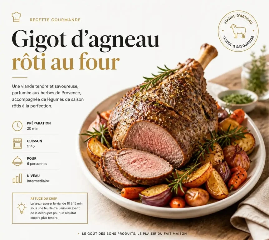 Gigot d'agneau rôti et son accompagnement de légumes de saison pour un repas festif
