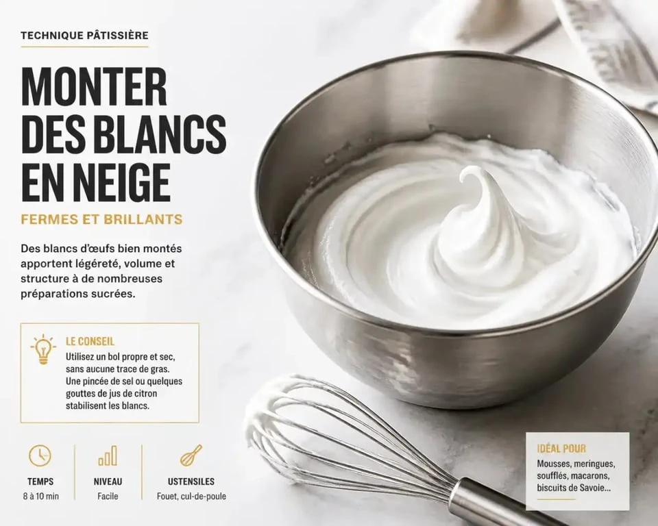 Blancs d'œufs montés en neige à la main dans un cul-de-poule en inox