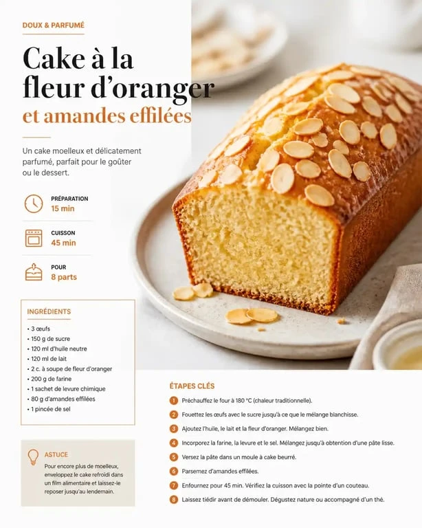 Cake moelleux à la fleur d'oranger et amandes effilées, une recette parfumée pour vos desserts.