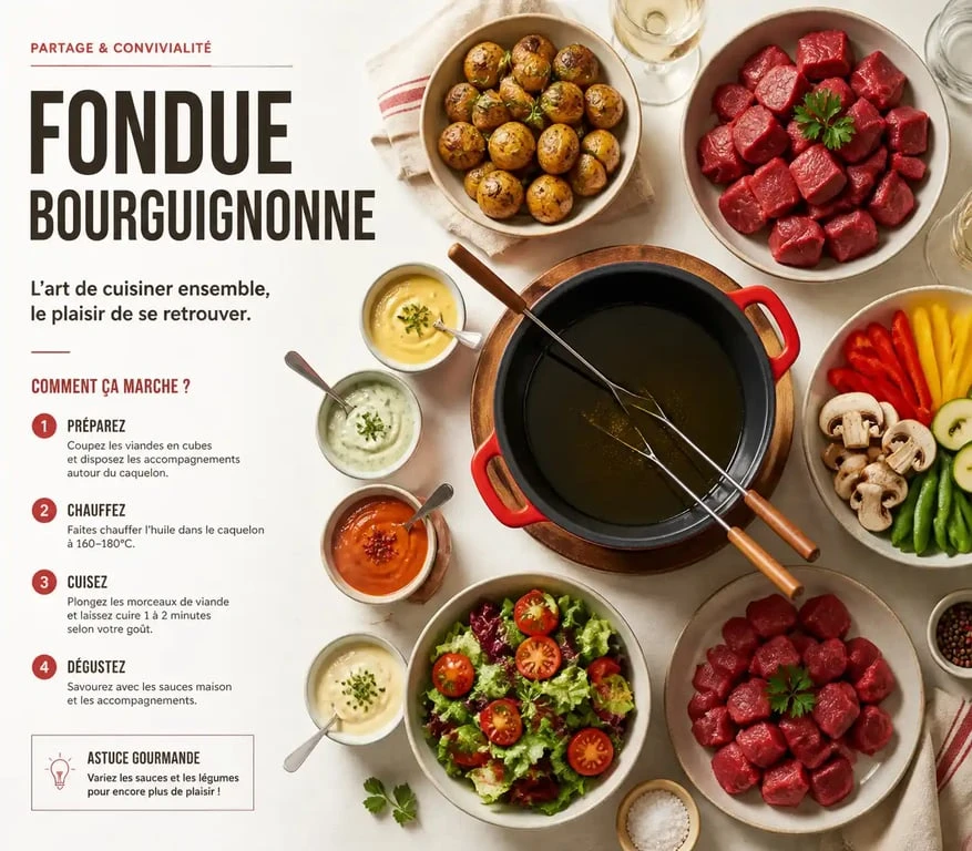 Table dressée pour une fondue bourguignonne avec ses accompagnements variés
