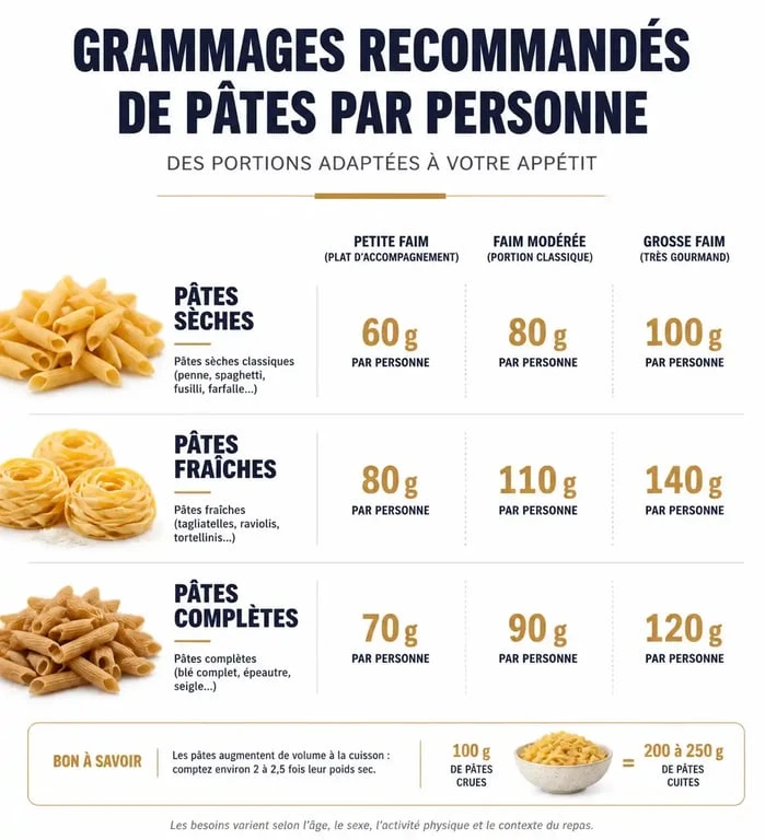 Tableau comparatif du grammage des pâtes par personne selon le type de pâtes