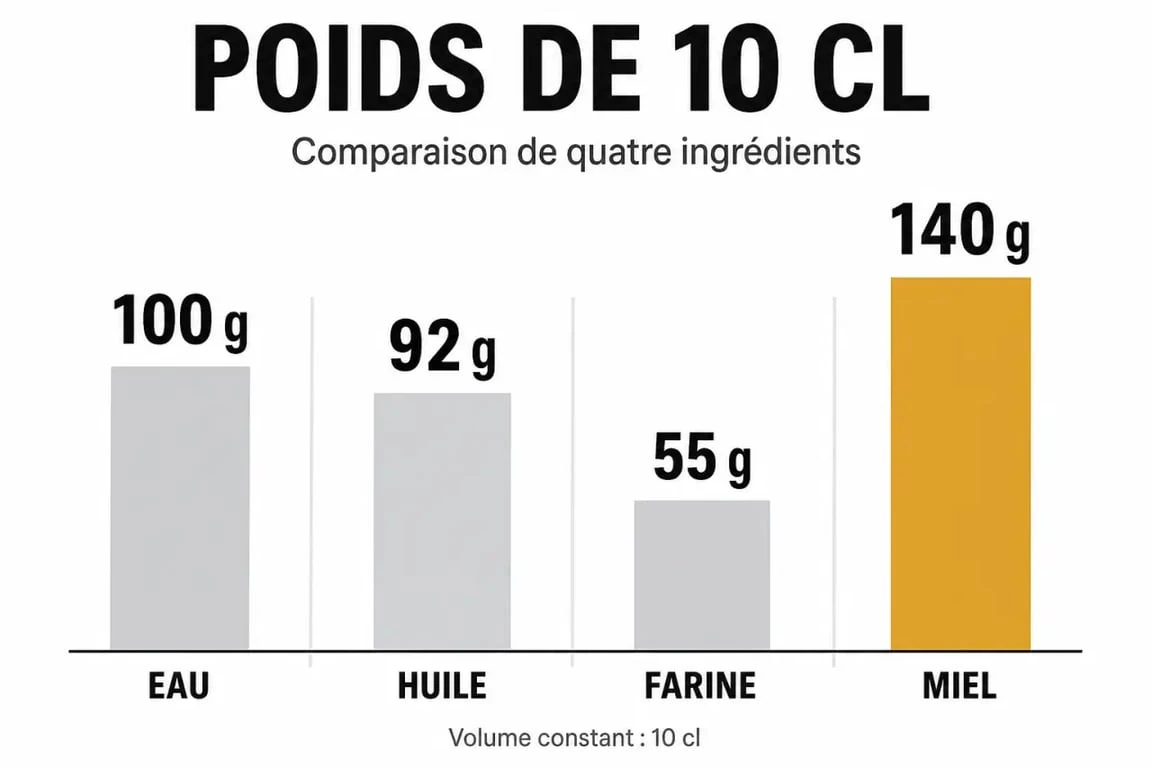 Infographie comparant le poids de 10cl de différents ingrédients en cuisine pour illustrer l'impact de la densité