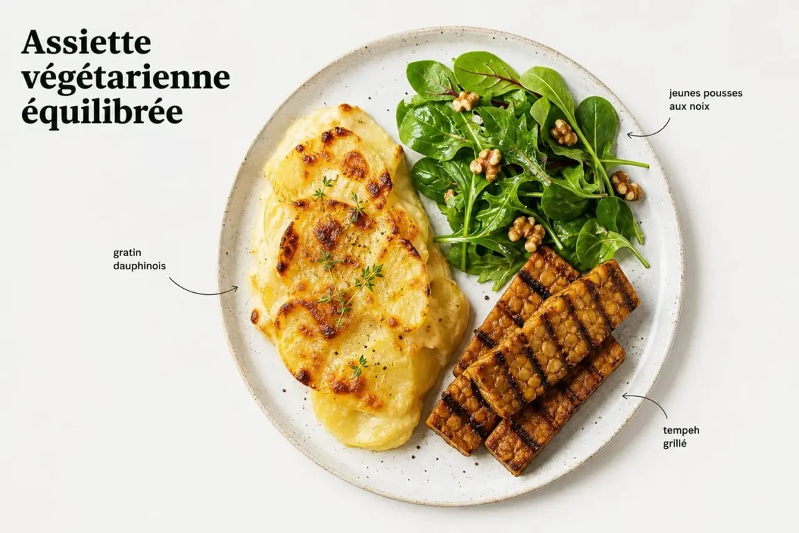 Assiette végétarienne complète avec gratin dauphinois sans viande, salade et tempeh mariné