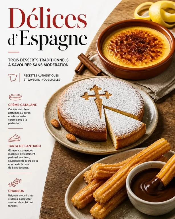 Assortiment de desserts espagnols traditionnels incluant crème catalane, Tarta de Santiago et churros au chocolat