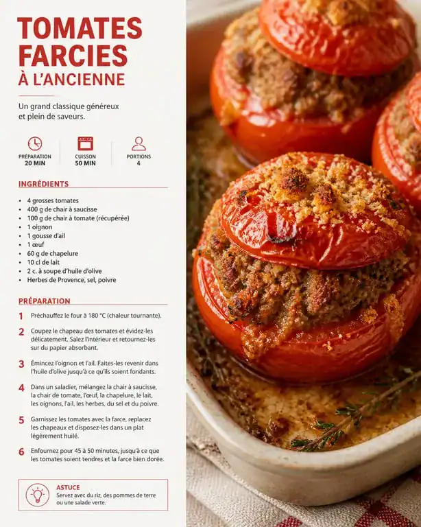 Recette de tomates farcies à l'ancienne, plat cuisiné avec des tomates fraîches