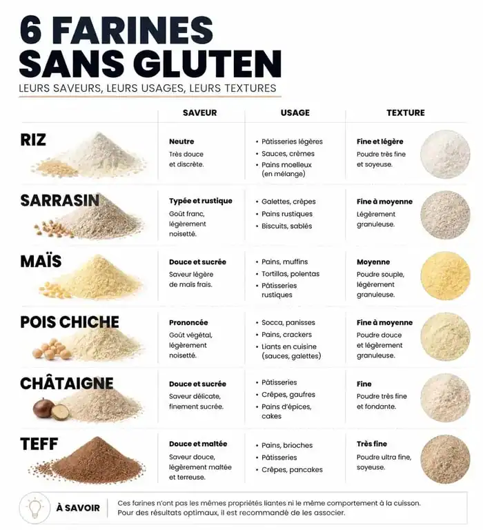 Infographie comparative des farines sans gluten pour la cuisine
