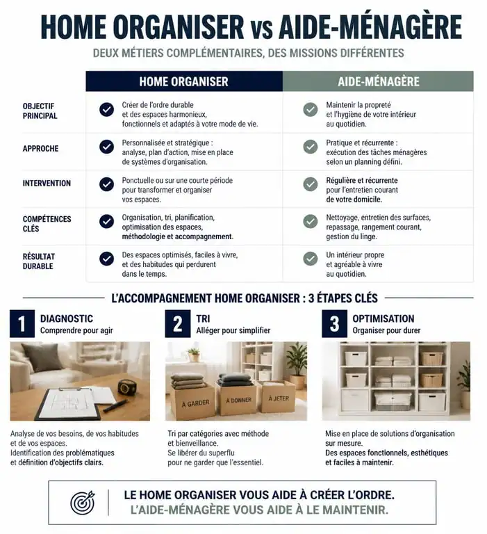 Infographie sur l'aide au rangement maison : comparaison des services et étapes du processus de désencombrement