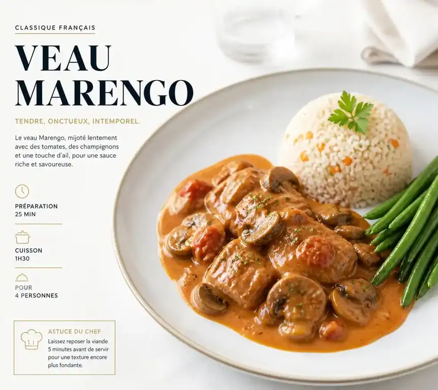 Assiette de veau Marengo avec son accompagnement de riz pilaf et légumes verts