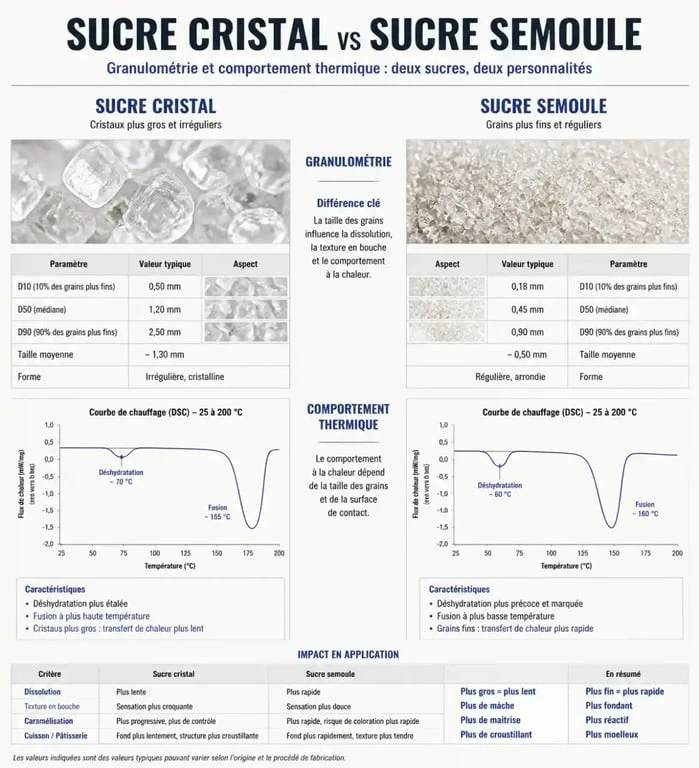 Comparaison technique entre le sucre cristal et le sucre semoule : granulométrie et usage en pâtisserie