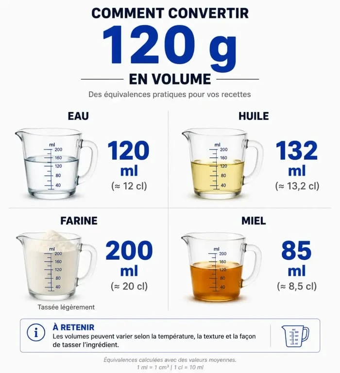 Infographie montrant la conversion de 120g en centilitres pour différents ingrédients de cuisine