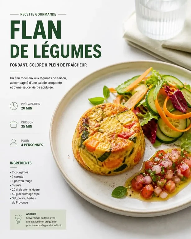 Flan de légumes accompagné d'une salade fraîche et sauce vierge pour un repas équilibré