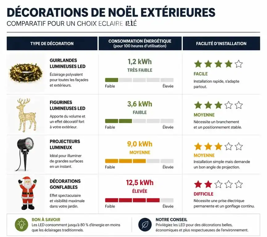 Infographie comparative des décorations de Noël extérieures : consommation et installation