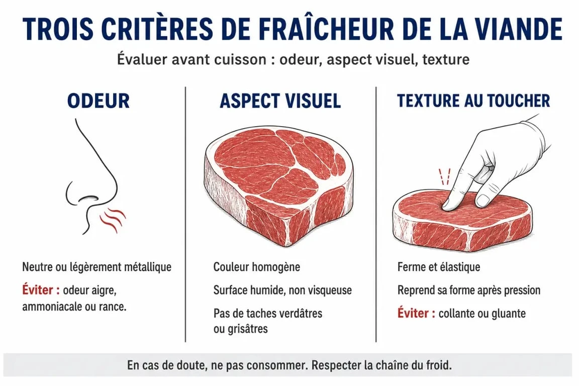 Infographie des critères de fraîcheur pour détecter une viande qui sent fort à la cuisson