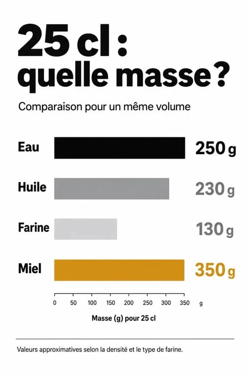 Infographie comparative : 25 centilitres en grammes selon l'ingrédient