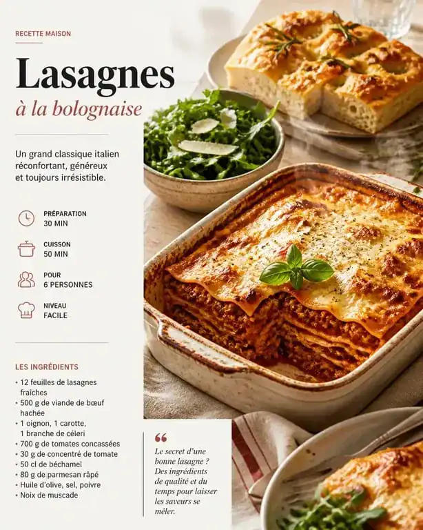 Accompagnement pour lasagne : plat de lasagnes bolognaise servi avec une salade de roquette et focaccia au romarin