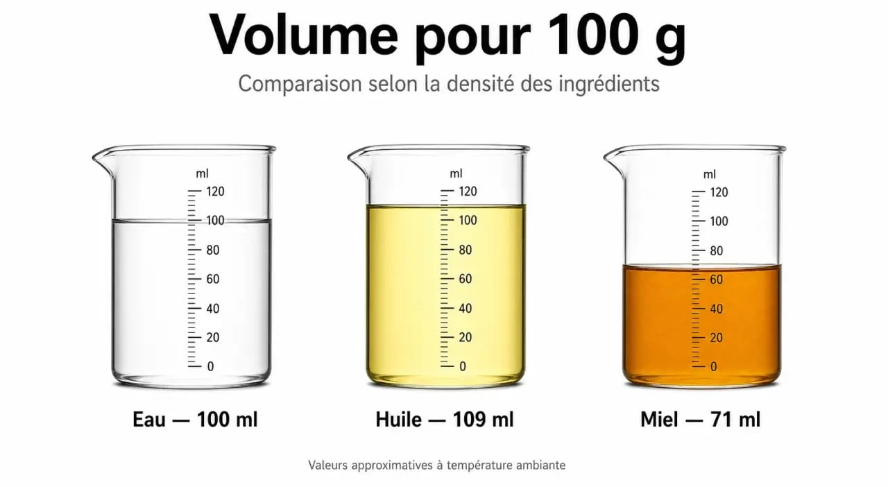 Infographie comparative de la conversion de 100g en centilitres pour l'eau, l'huile et le miel.