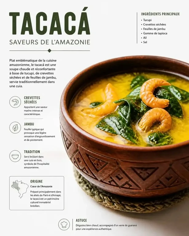 Bol de tacacá traditionnel servi dans une cuia, spécialité culinaire de l'Amazonie avec tucupi et jambu.