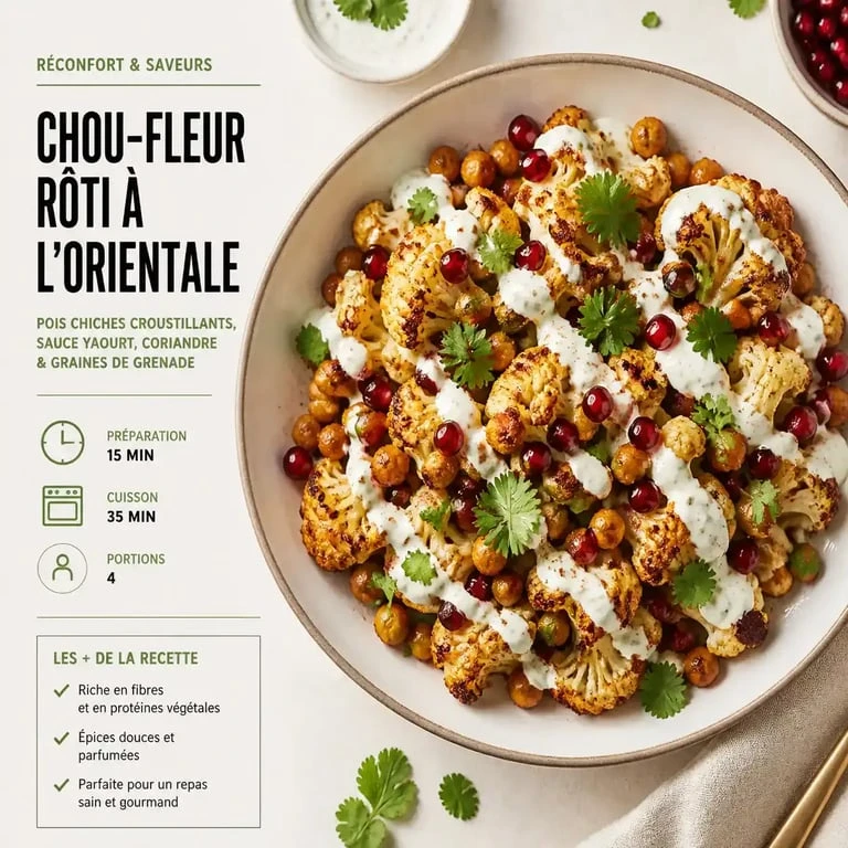Chou-fleur rôti à l'orientale avec pois chiches et sauce yaourt, un accompagnement savoureux pour le chou-fleur.