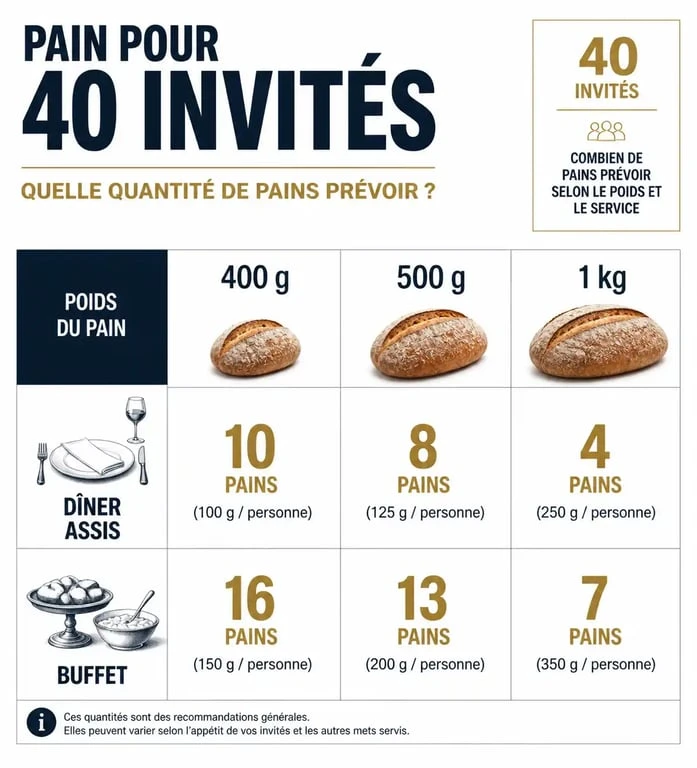 Tableau récapitulatif du nombre de boules de pain nécessaires pour 40 personnes selon le poids et le type de repas