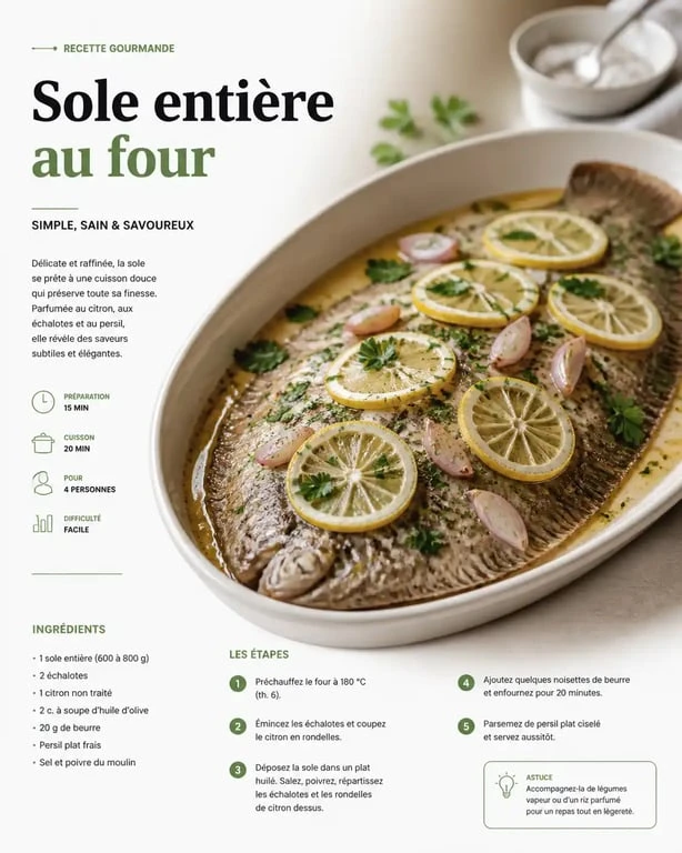 Sole au four préparée avec du citron et des herbes fraîches, prête à être dégustée.