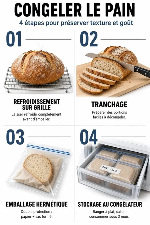 Infographie illustrant les étapes pour congeler le pain correctement et éviter le gaspillage alimentaire