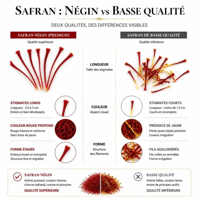 Infographie comparative des critères de qualité du safran d'Iran : Negin vs basse qualité