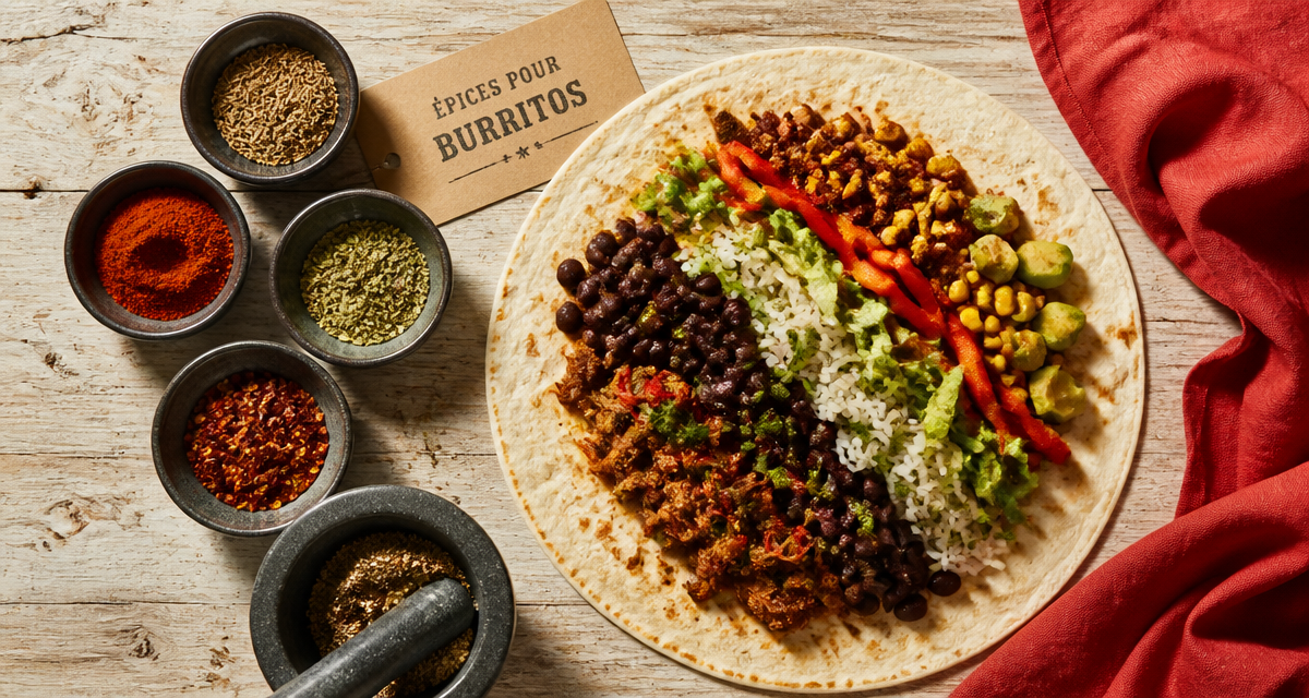 épices burritos sur planche avec tortilla et bols