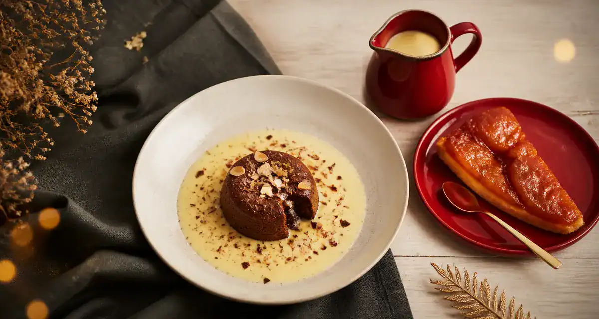 gâteau pour accompagner une crème anglaise avec fondant chocolat et tarte tatin
