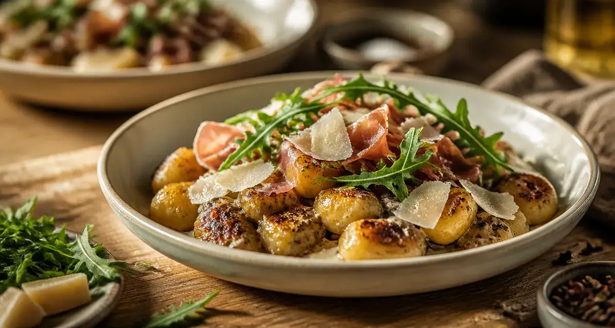 Gnocchi et accompagnement : crème de truffe, jambon cru et parmesan