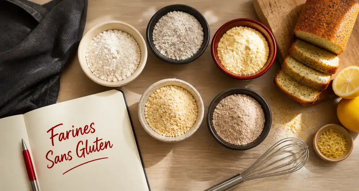 liste des farines sans gluten en bols sur table avec cake citron