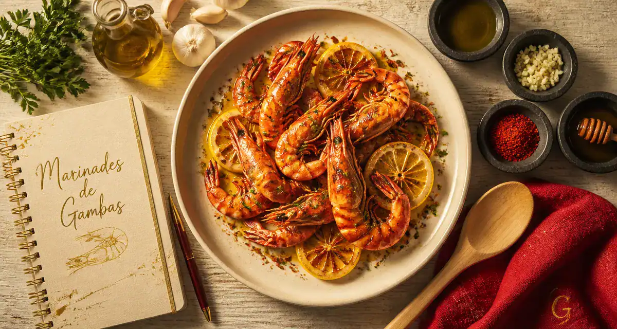 marinades gambas assiette grillée et ingrédients