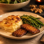 Que manger avec un gratin dauphinois sans viande : gratin et tempeh caramélisé aux haricots verts