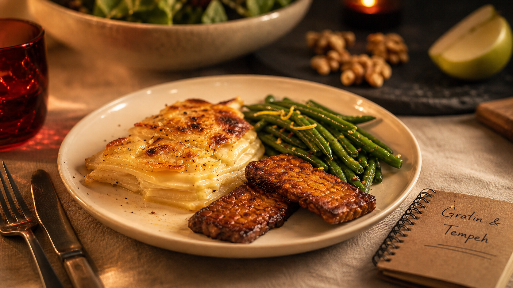 Que manger avec un gratin dauphinois sans viande : gratin et tempeh caramélisé aux haricots verts