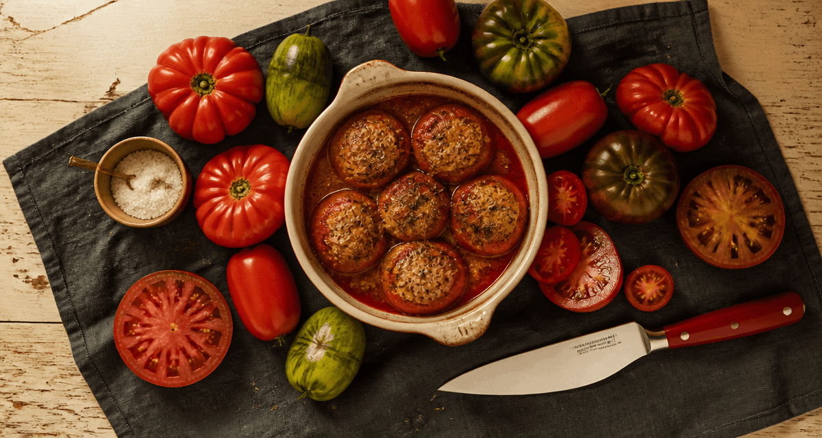 recette avec tomates, variétés fraîches et plat farci