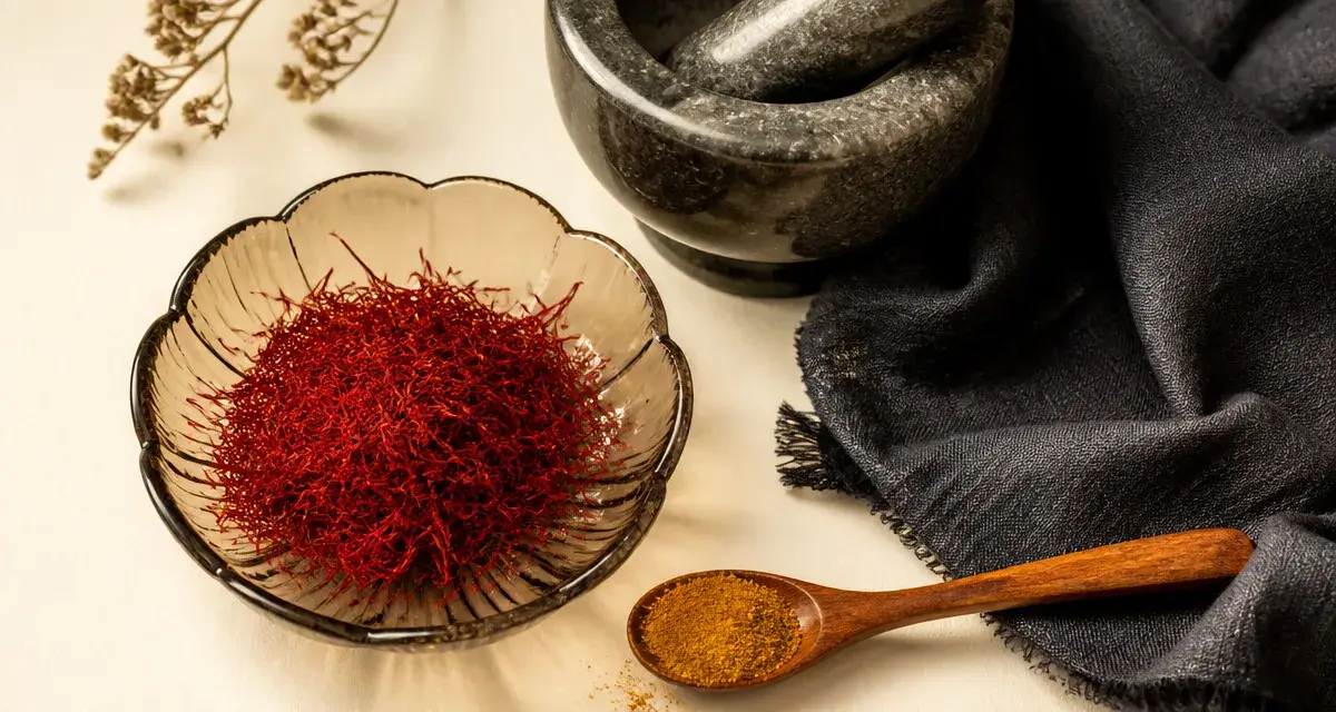 Safran aus dem iran : pistils rouges dans une coupelle en verre