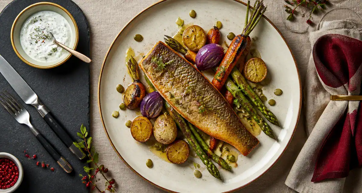 Truite accompagnement légumes rôtis en assiette