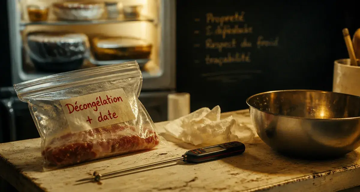 Viande décongelé combien de temps au frigo : sachet étiqueté et thermomètre