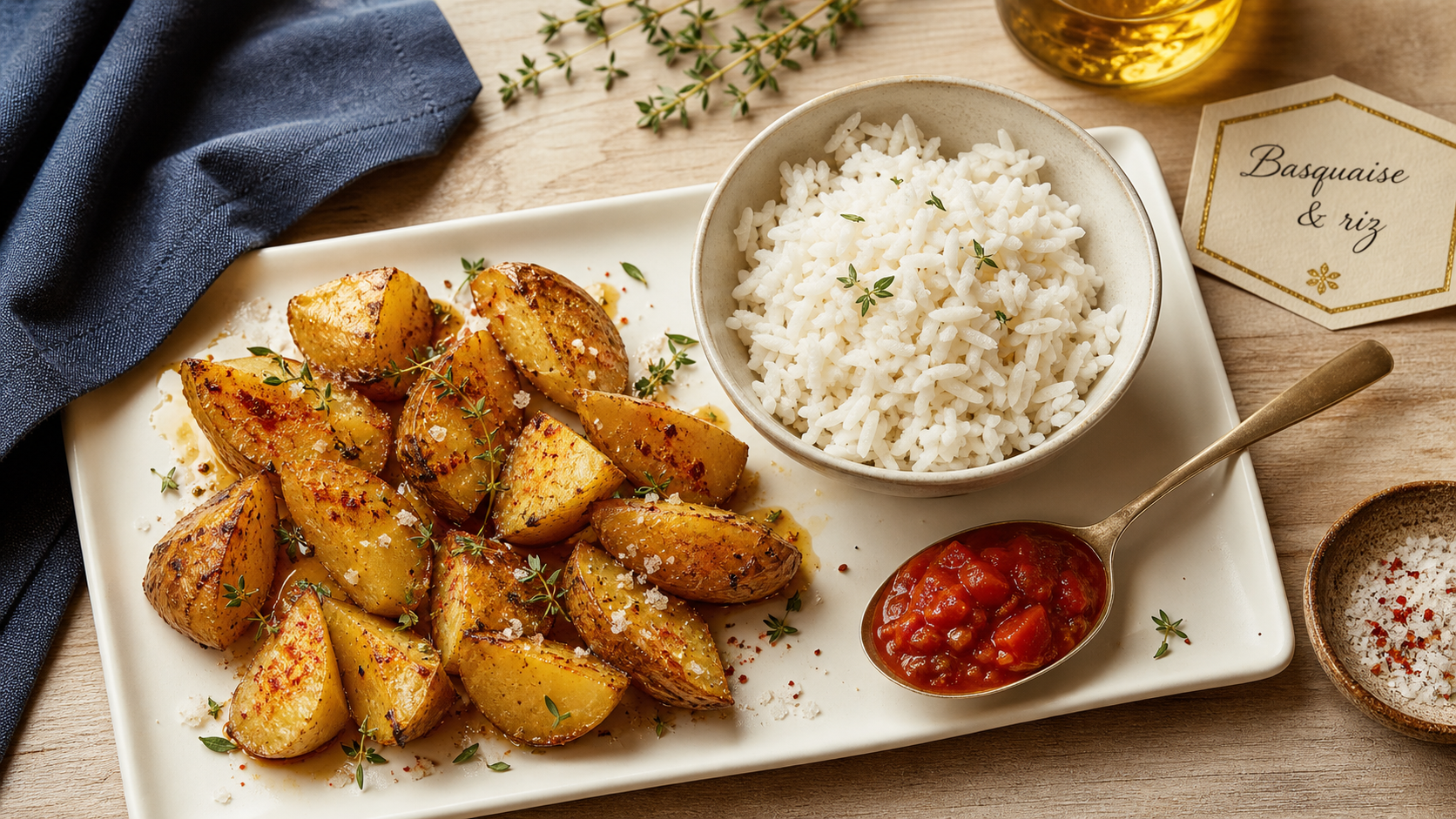Accompagnement poulet basquaise : pommes de terre rôties et riz