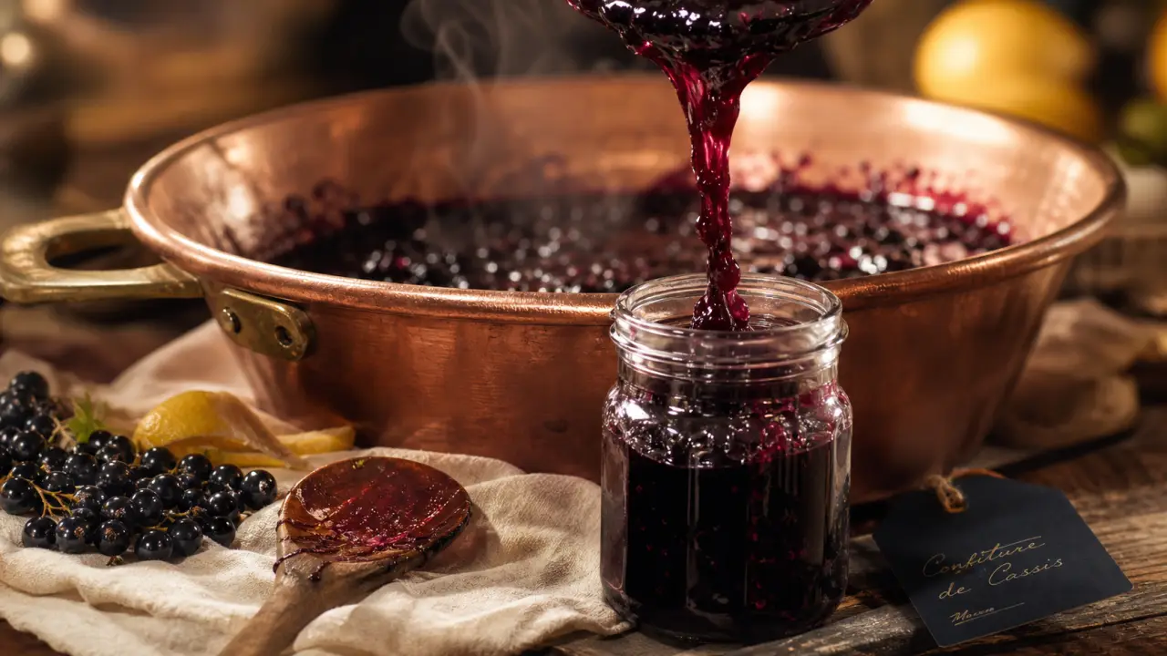 Confiture de cassis maison versée en bocal