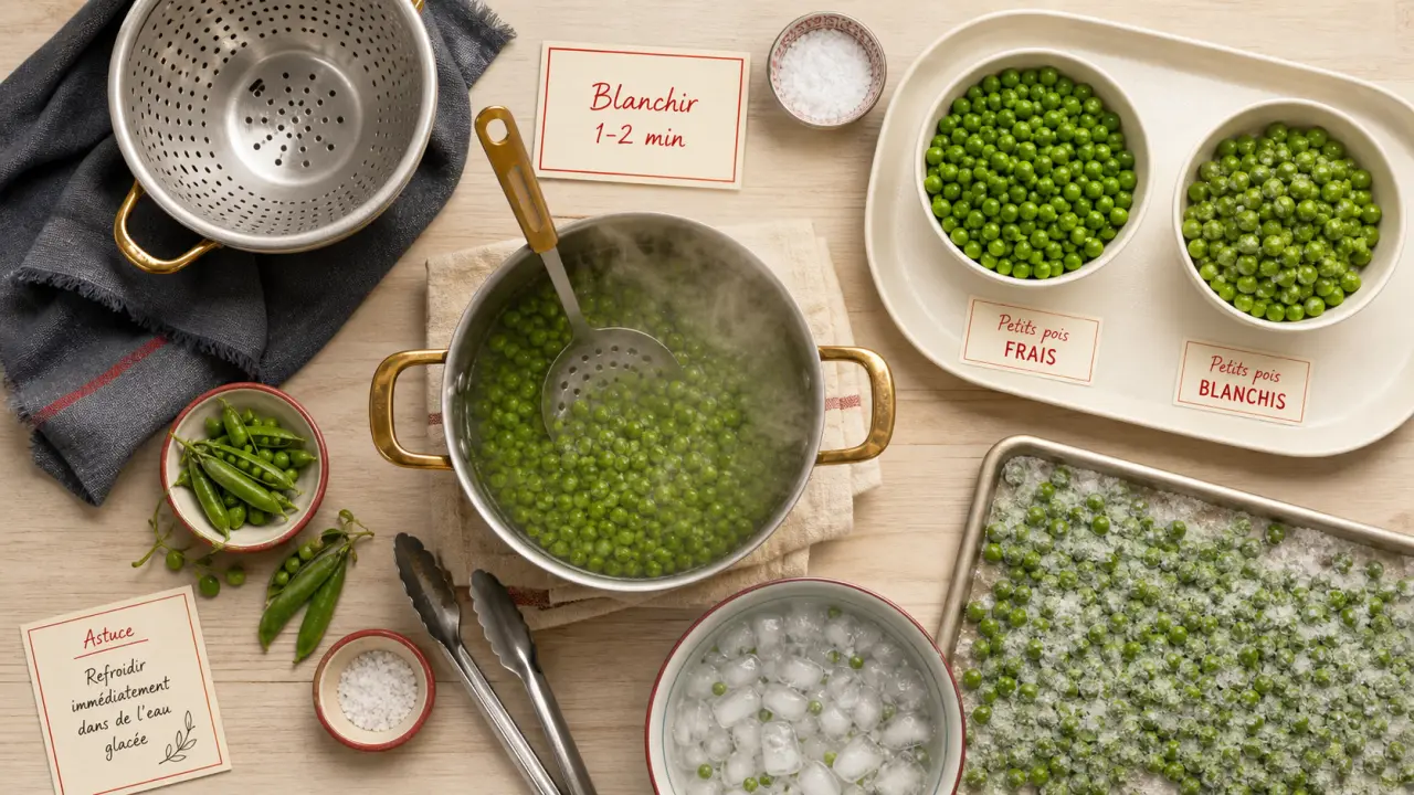 Congeler petit pois frais : blanchir 1 à 2 min, petits pois frais et blanchis
