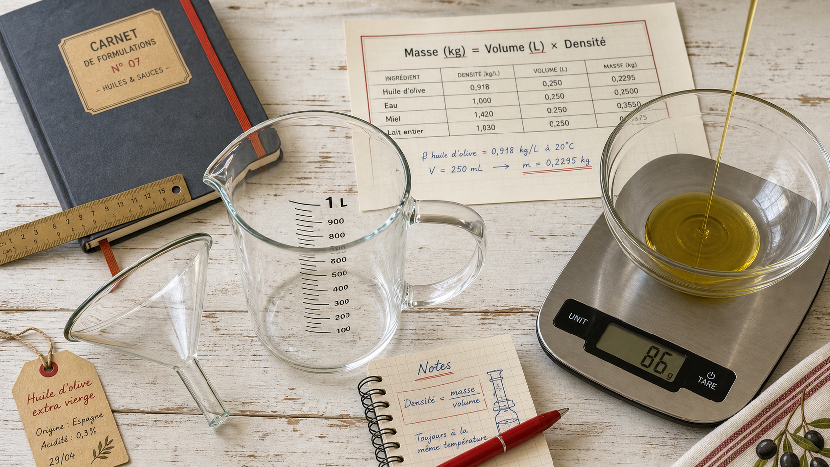 Conversion litre en kilogrammes : densité pour calcul masse (kg) depuis volume (L)