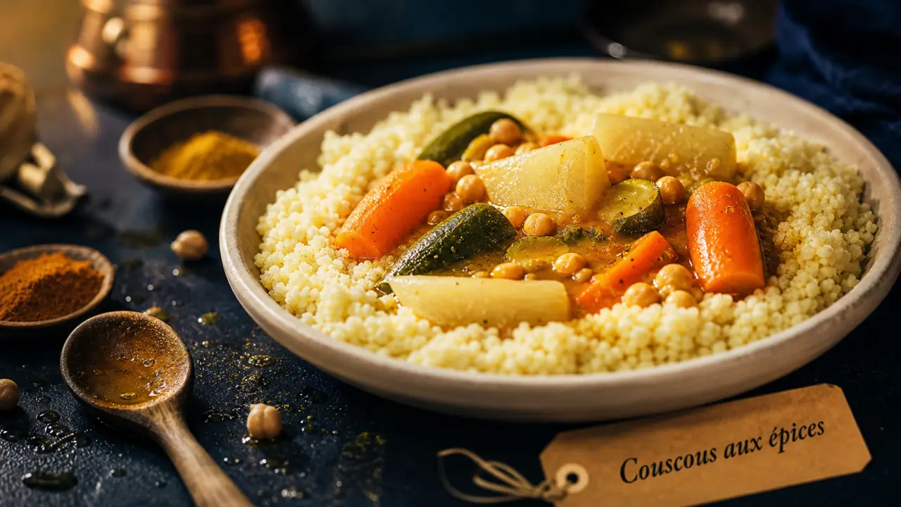 Couscous legumes recette : semoule, bouillon parfumé et pois chiches