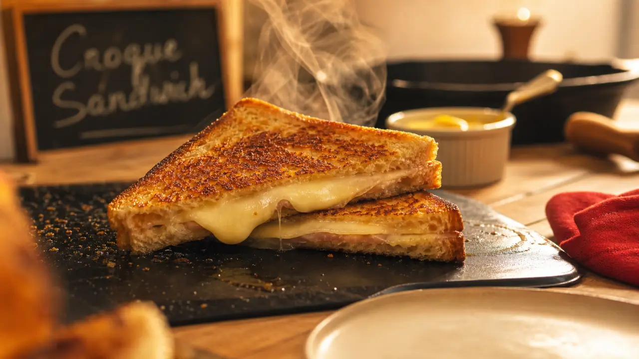 Croque sandwiches fromage filant, cuisson 180°C sur plaque chaude.
